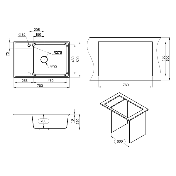 Мойка кухонная Point Этна 78 PN3012B черный , изображение 4