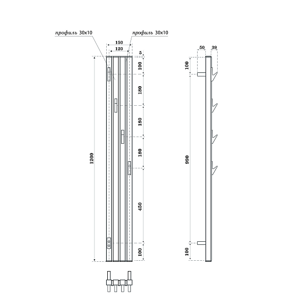 Полотенцесушитель электрический Point Пиано 15x120 белый/черный , изображение 5