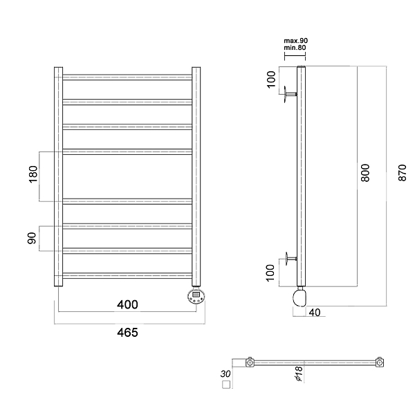 Полотенцесушитель электрический Domoterm Куба П8 40х80 R хром , изображение 3