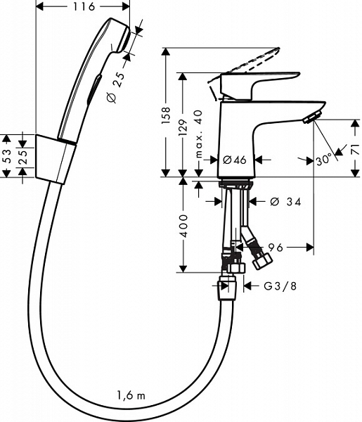 Смеситель Hansgrohe Talis E 71729000 для раковины с гигиеническим душем , изображение 2